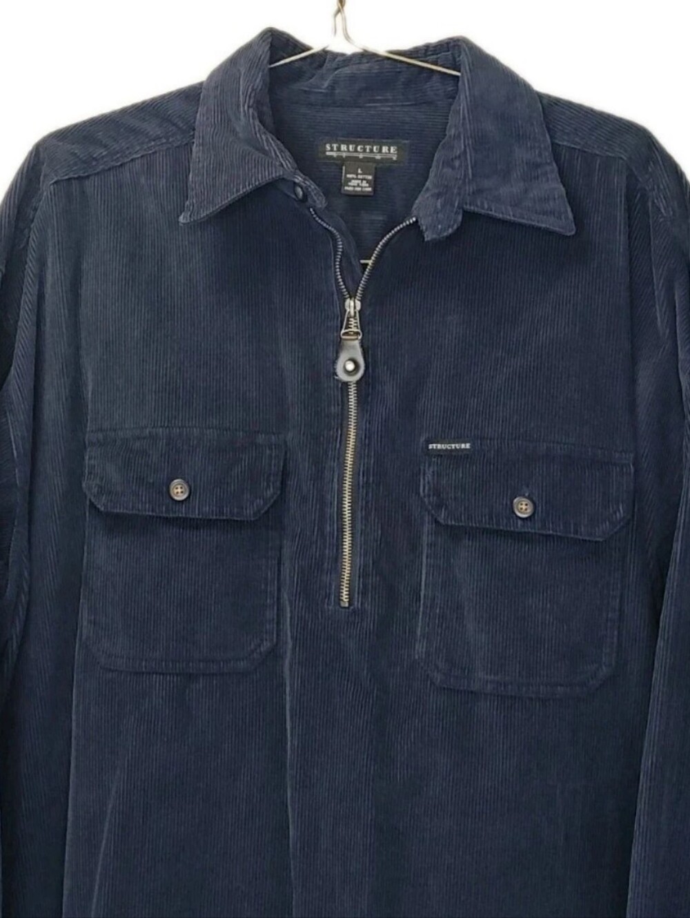 Vtg 80s Structure Qtr Zip Pullover Corduroy Shirt Jacket Men L Navy Loop Collar
